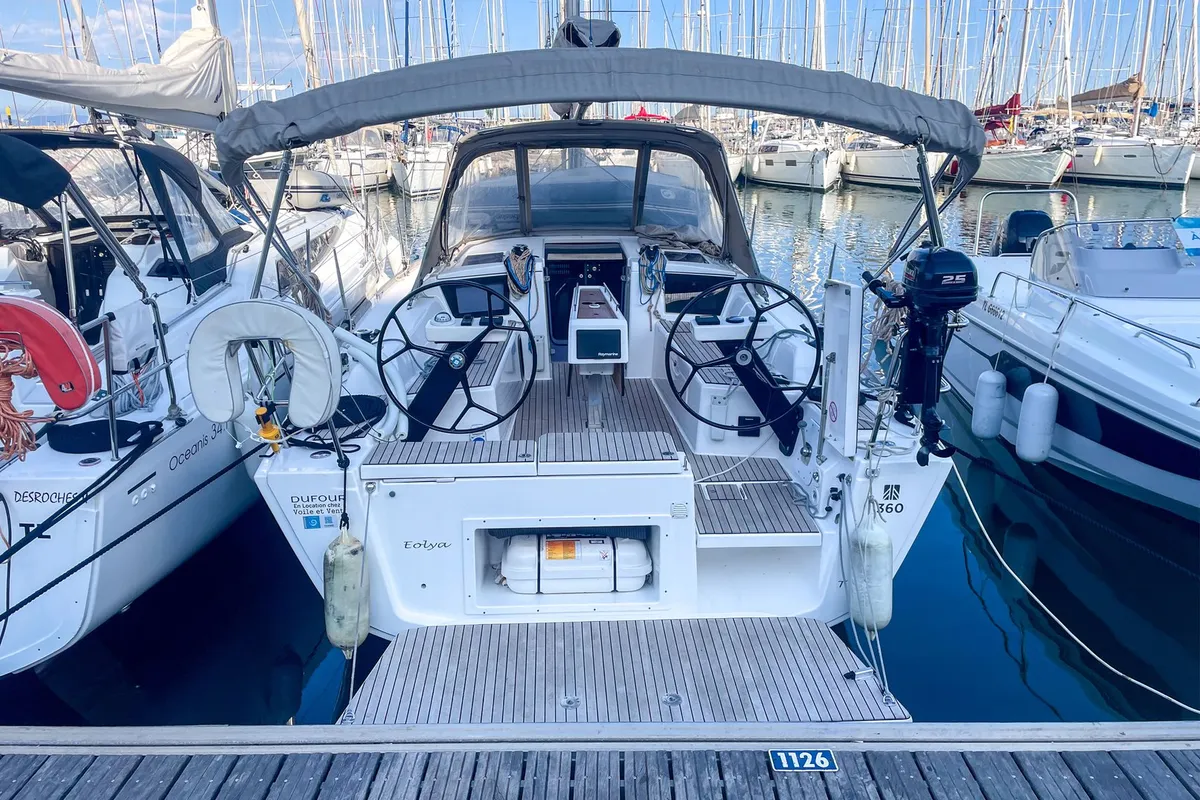 Exterior view of Eolya, a Dufour 360 GL sailboat at Hyères, France
