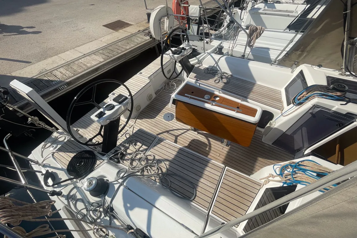 Cockpit of Eolya, a Dufour 360 GL sailboat at Hyères, France