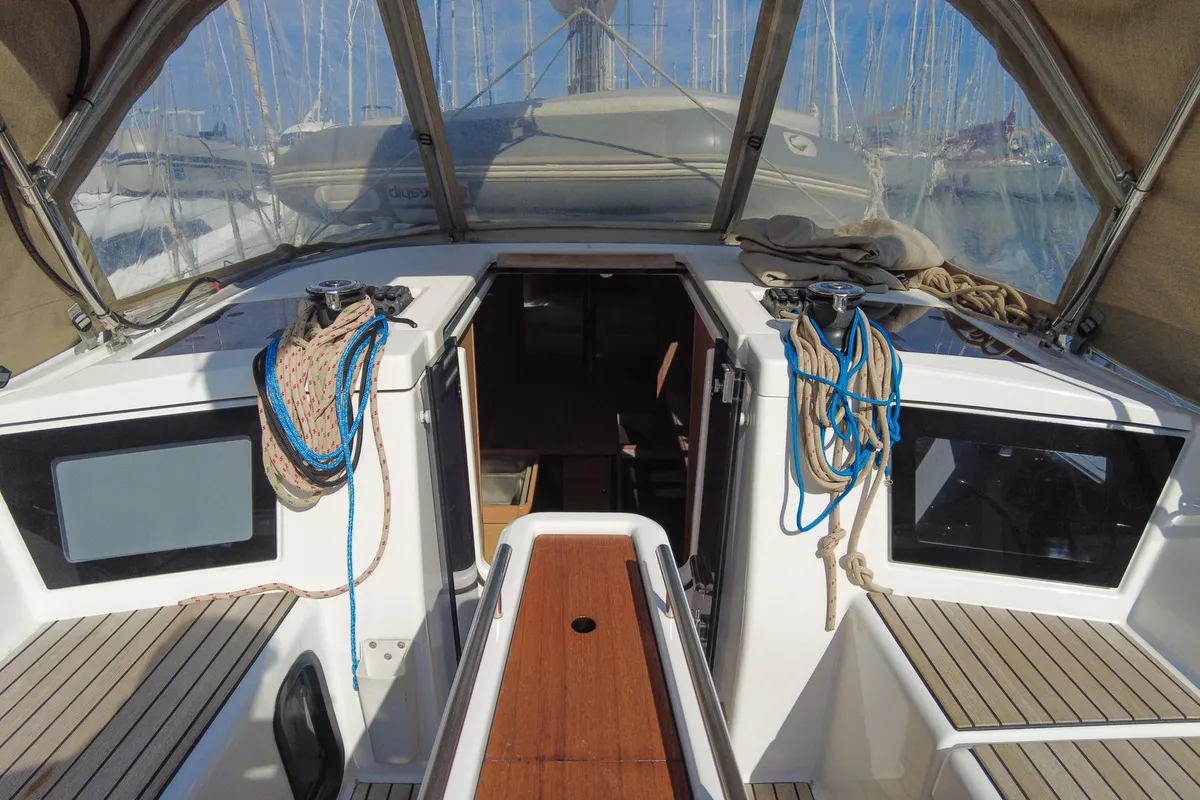 Cockpit of Eolya, a Dufour 360 GL sailboat at Hyères, France
