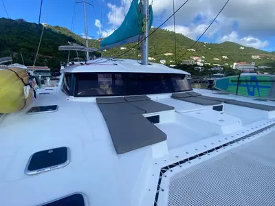 Deck of Canis Majoris, a Fountaine Pajot Saba 50 catamaran at Road Town, British Virgin Islands