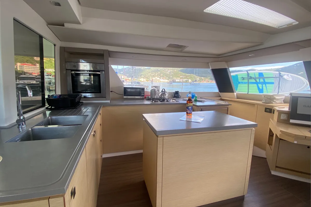 Galley of Canis Majoris, a Fountaine Pajot Saba 50 catamaran at Road Town, British Virgin Islands