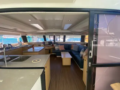 Salon of Canis Majoris, a Fountaine Pajot Saba 50 catamaran at Road Town, British Virgin Islands