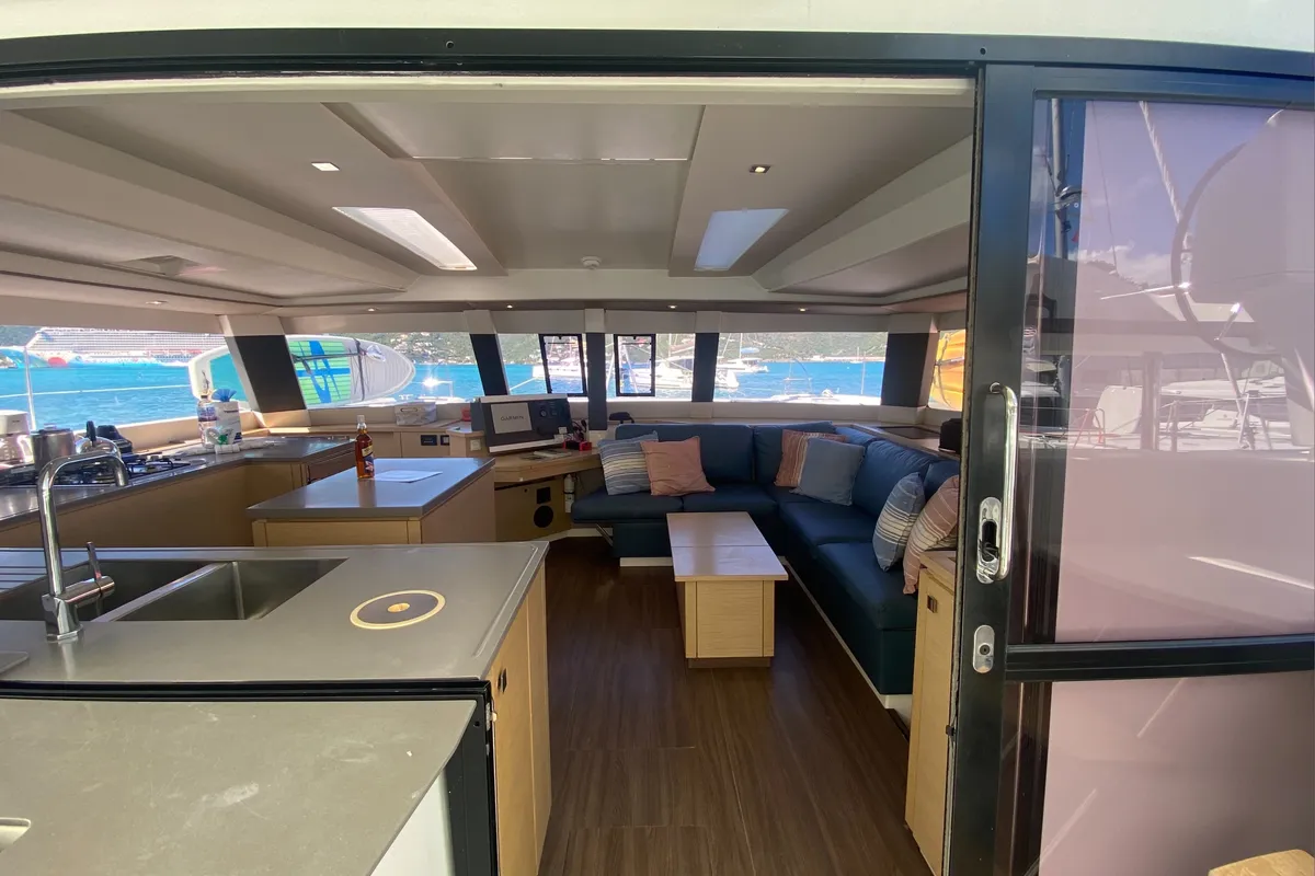 Salon of Canis Majoris, a Fountaine Pajot Saba 50 catamaran at Road Town, British Virgin Islands