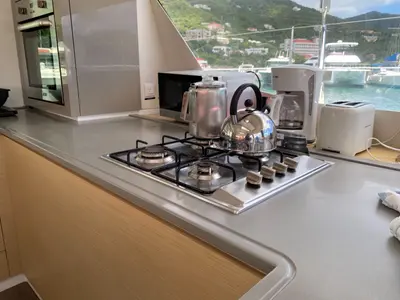 Galley of Canis Majoris, a Fountaine Pajot Saba 50 catamaran at Road Town, British Virgin Islands