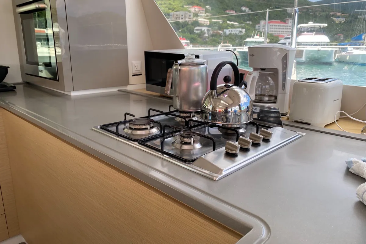 Galley of Canis Majoris, a Fountaine Pajot Saba 50 catamaran at Road Town, British Virgin Islands