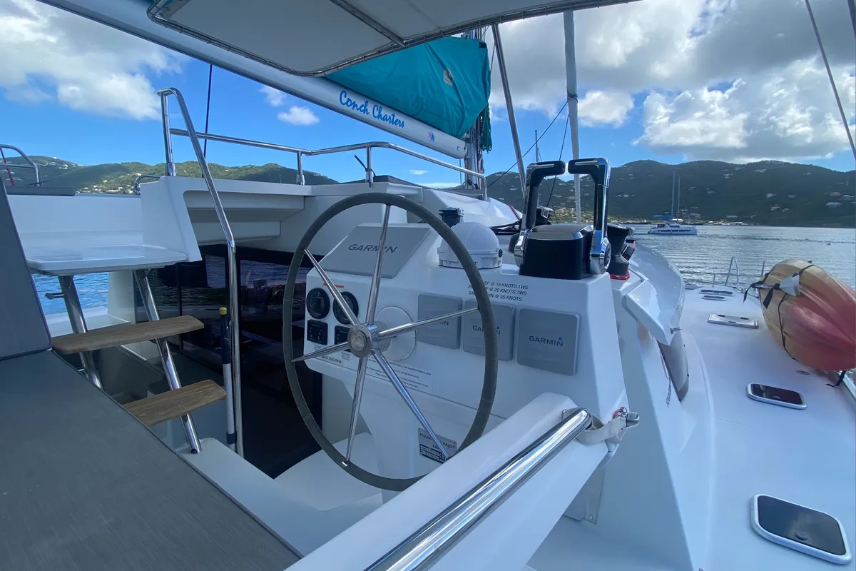 Cockpit of Canis Majoris, a Fountaine Pajot Saba 50 catamaran at Road Town, British Virgin Islands