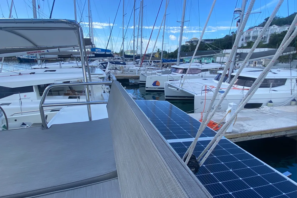 Deck of Canis Majoris, a Fountaine Pajot Saba 50 catamaran at Road Town, British Virgin Islands