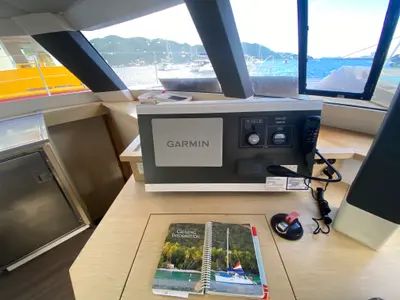 Cockpit of Canis Majoris, a Fountaine Pajot Saba 50 catamaran at Road Town, British Virgin Islands