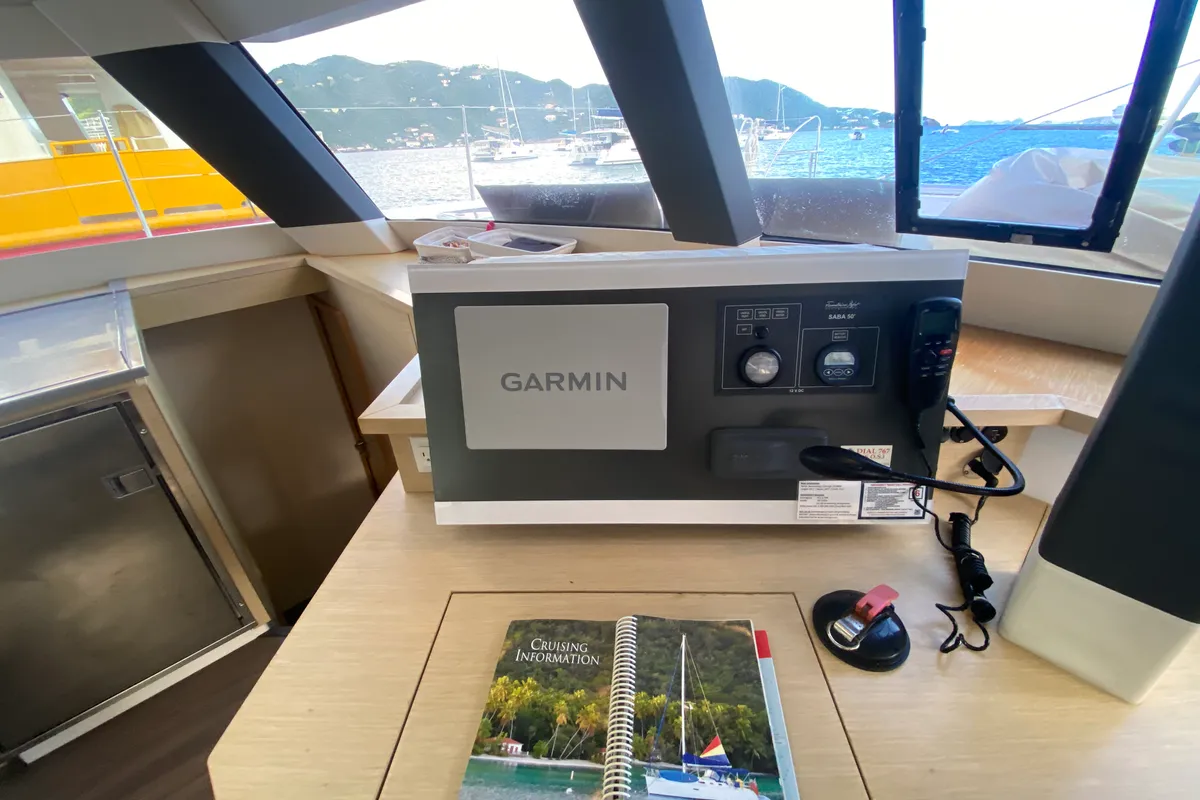Cockpit of Canis Majoris, a Fountaine Pajot Saba 50 catamaran at Road Town, British Virgin Islands