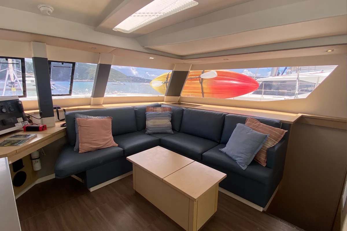 Salon of Canis Majoris, a Fountaine Pajot Saba 50 catamaran at Road Town, British Virgin Islands