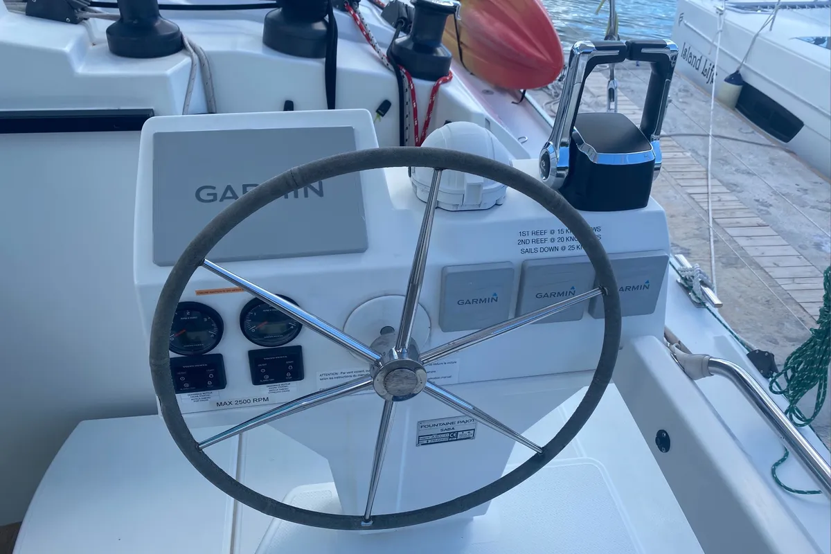 Cockpit of Canis Majoris, a Fountaine Pajot Saba 50 catamaran at Road Town, British Virgin Islands