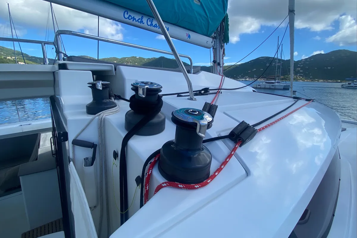 Deck of Canis Majoris, a Fountaine Pajot Saba 50 catamaran at Road Town, British Virgin Islands