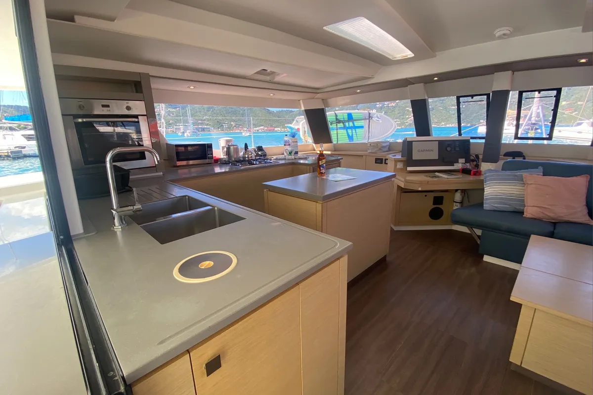 Salon of Canis Majoris, a Fountaine Pajot Saba 50 catamaran at Road Town, British Virgin Islands