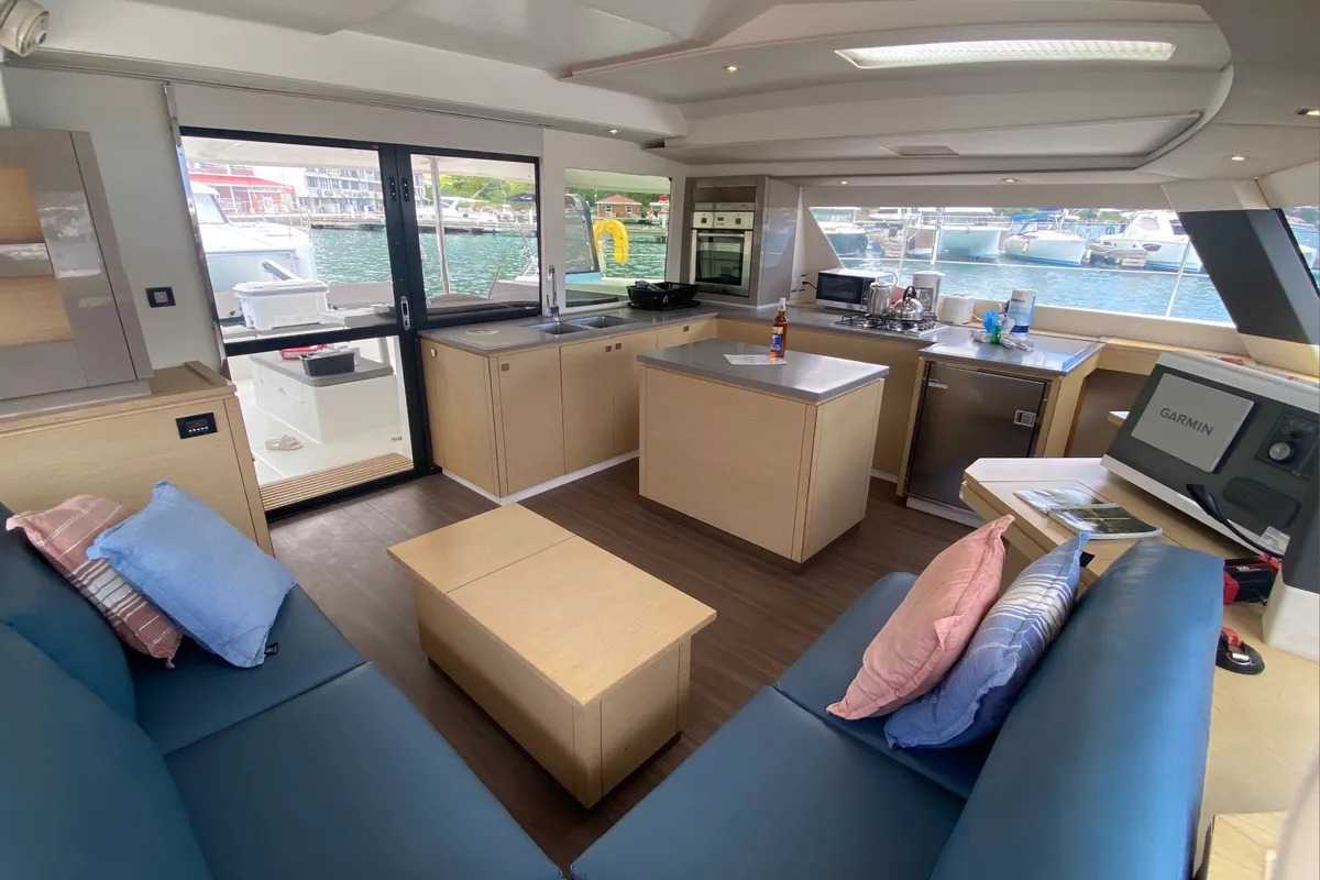 Salon of Canis Majoris, a Fountaine Pajot Saba 50 catamaran at Road Town, British Virgin Islands