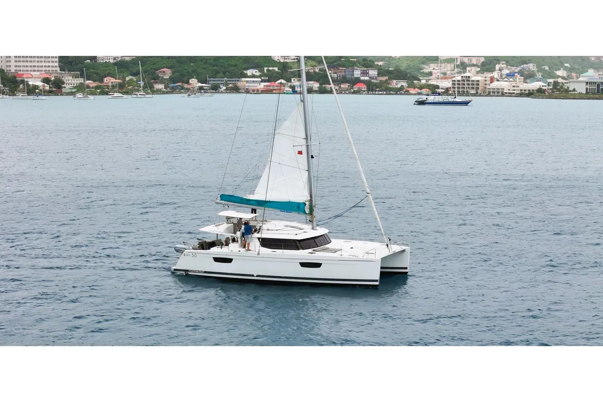 Exterior view of Canis Majoris, a Fountaine Pajot Saba 50 catamaran at Road Town, British Virgin Islands