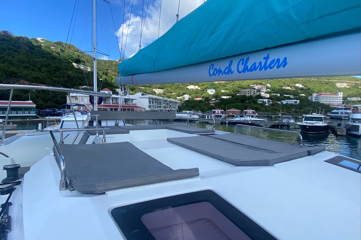 Deck of Canis Majoris, a Fountaine Pajot Saba 50 catamaran at Road Town, British Virgin Islands