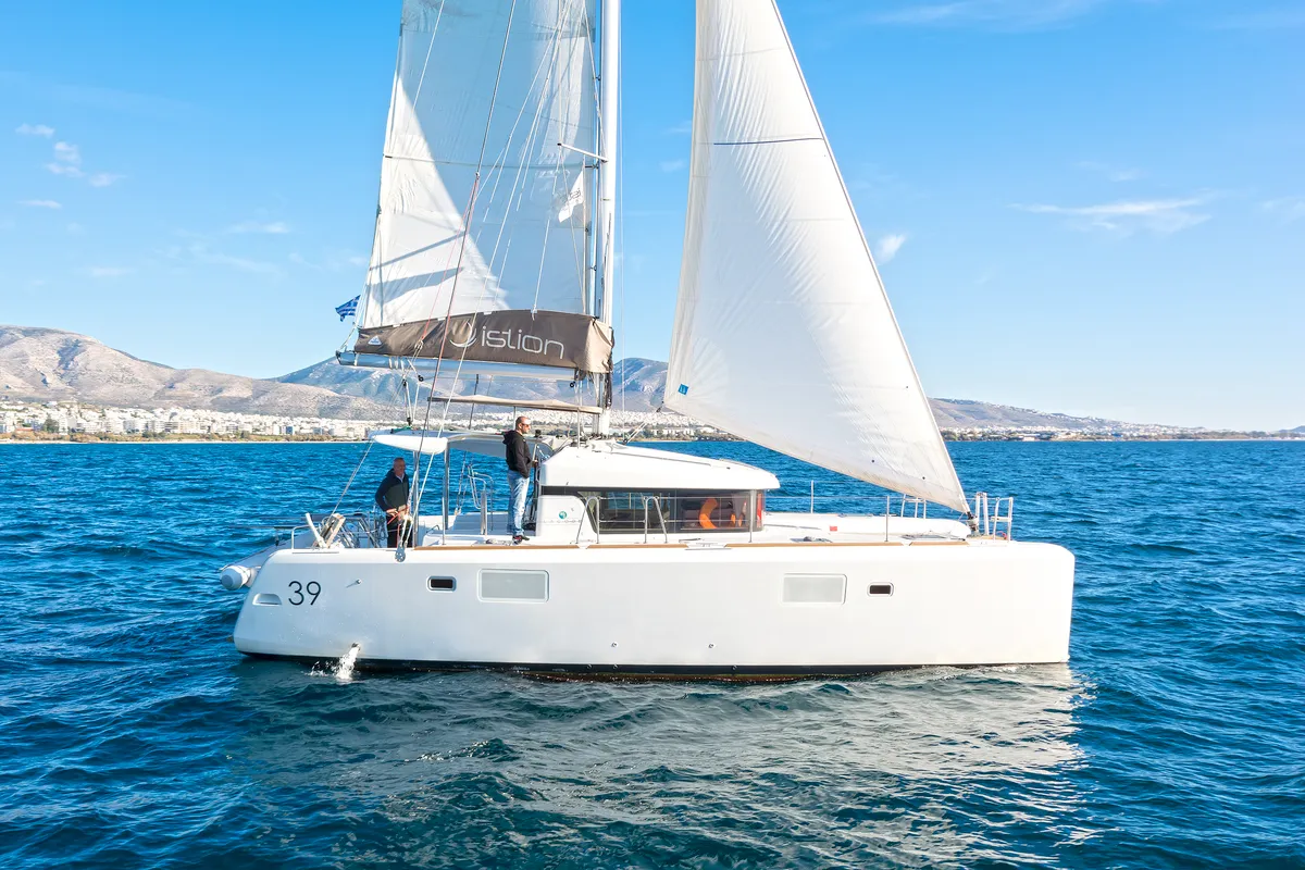 Exterior view of Catanoo, a Lagoon 39 catamaran at Kos, Greece