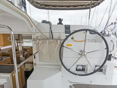 Cockpit of Catanoo, a Lagoon 39 catamaran at Kos, Greece