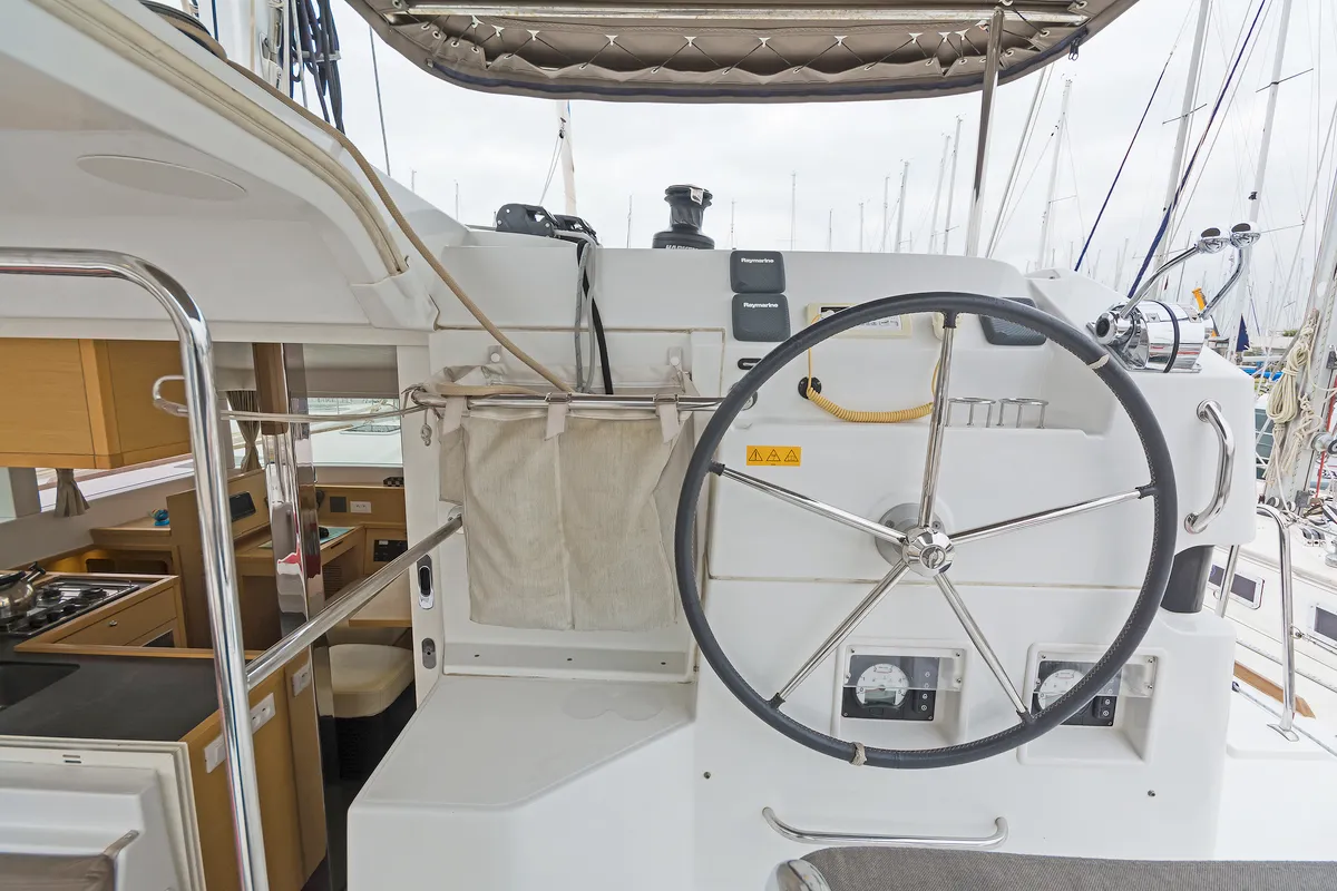 Cockpit of Catanoo, a Lagoon 39 catamaran at Kos, Greece