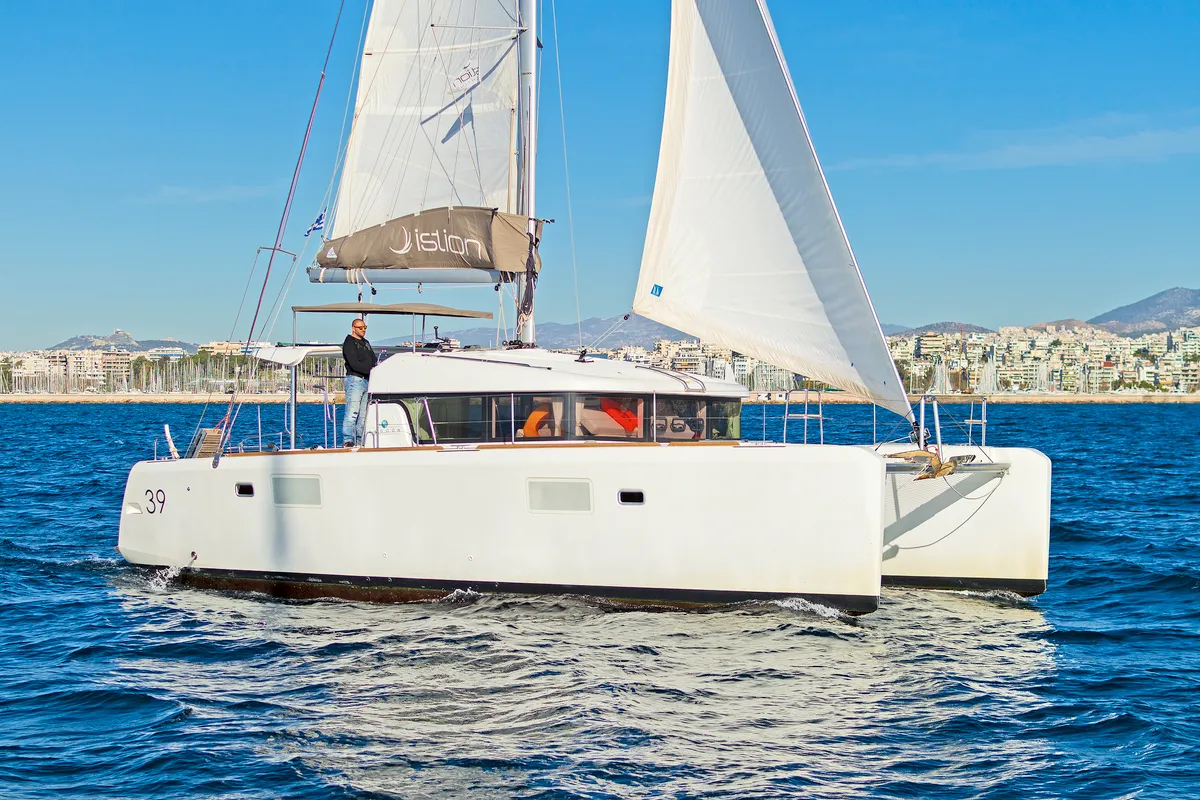Exterior view of Catanoo, a Lagoon 39 catamaran at Kos, Greece