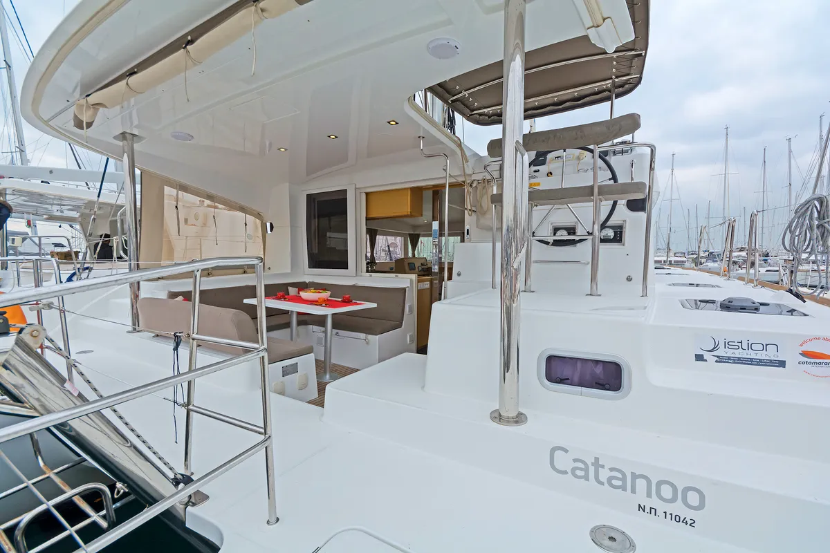 Deck of Catanoo, a Lagoon 39 catamaran at Kos, Greece