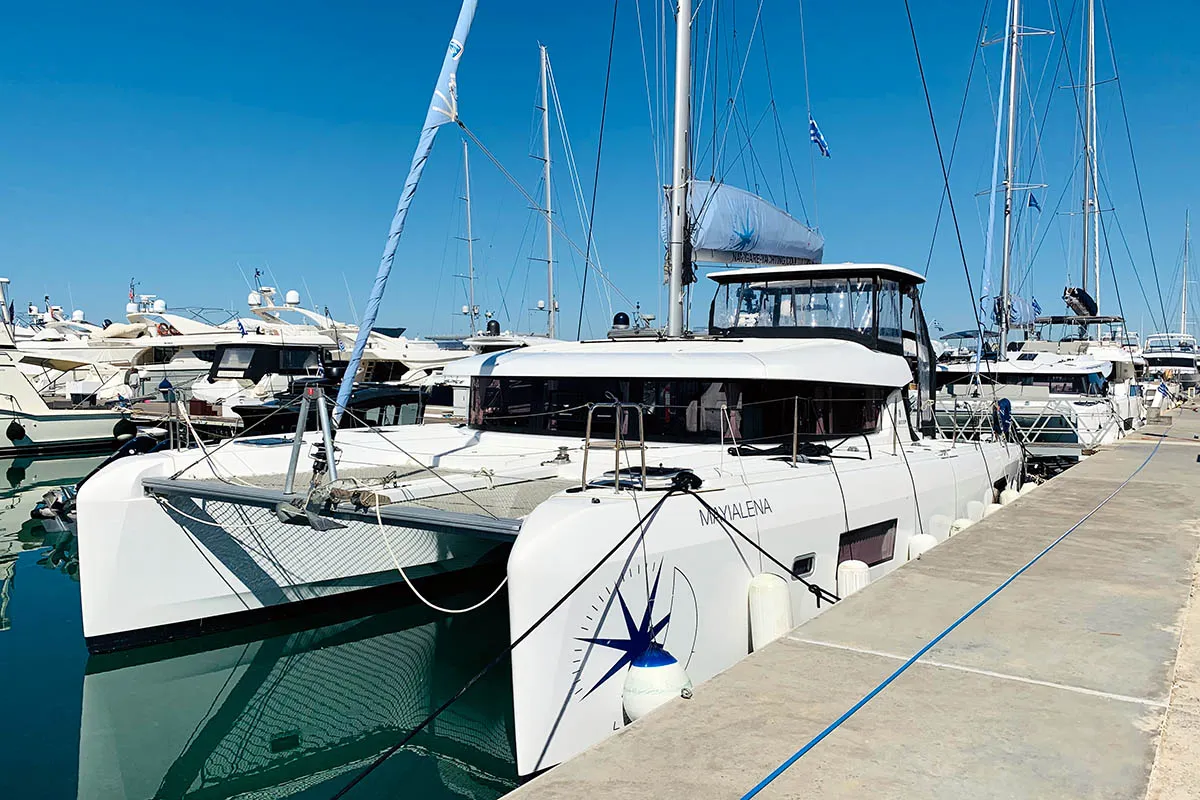 Exterior view of Mayialena, a Lagoon 42 catamaran at Athens, Greece