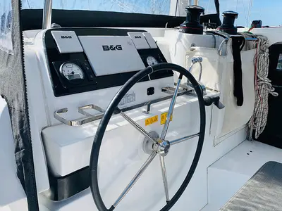 Cockpit of Mayialena, a Lagoon 42 catamaran at Athens, Greece