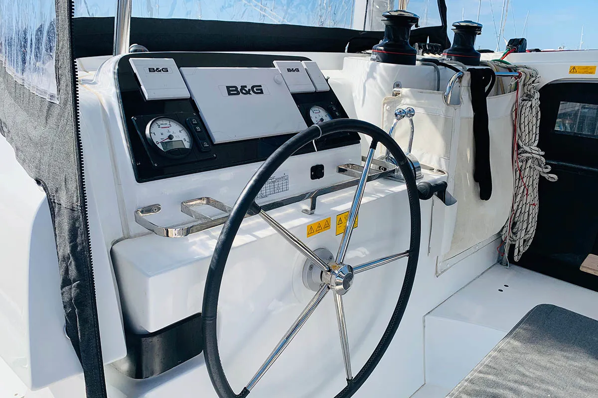 Cockpit of Mayialena, a Lagoon 42 catamaran at Athens, Greece
