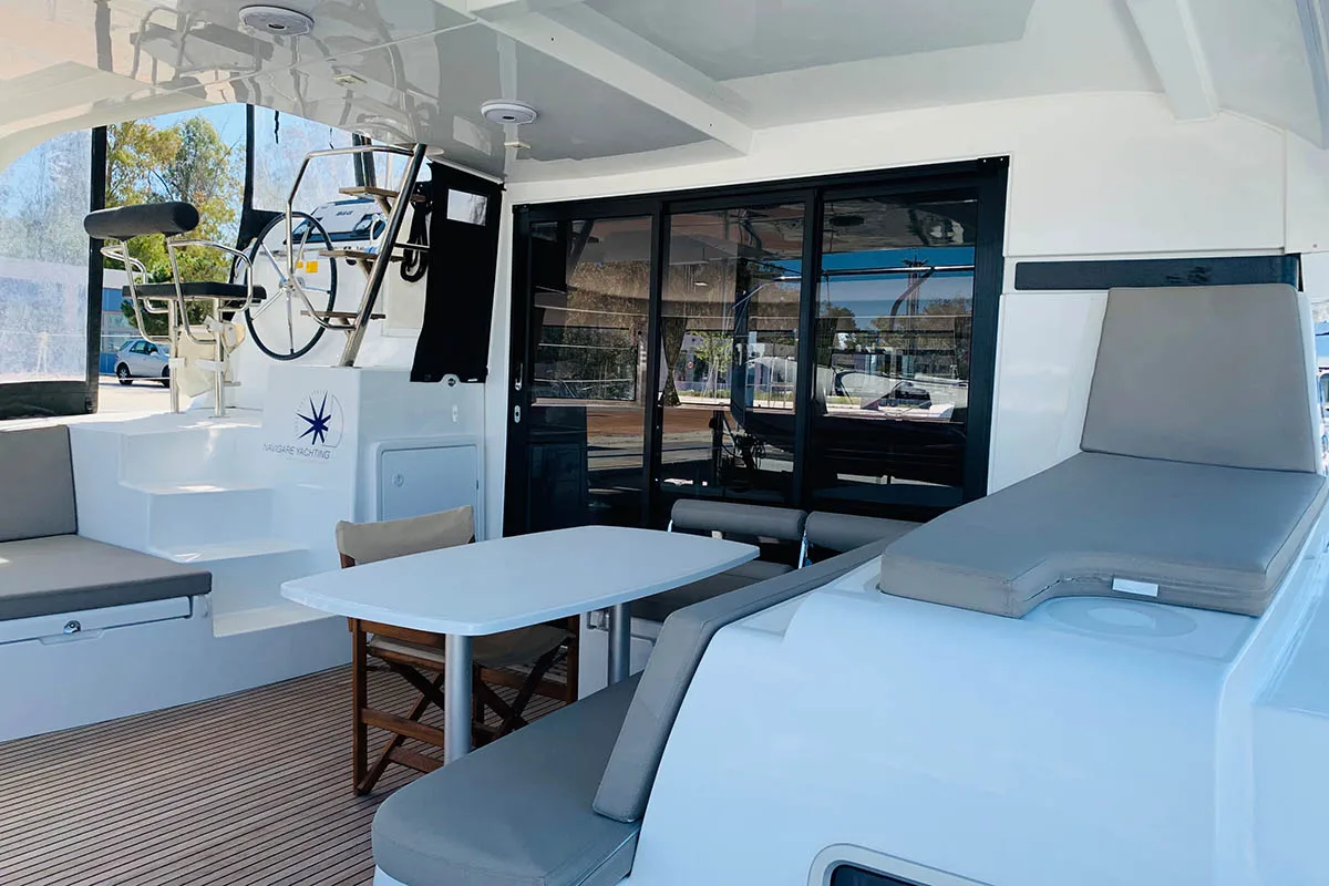 Deck of Mayialena, a Lagoon 42 catamaran at Athens, Greece