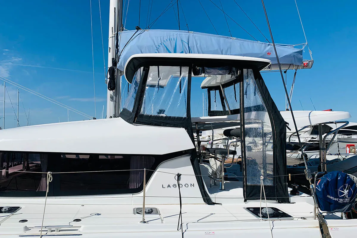Exterior view of Mayialena, a Lagoon 42 catamaran at Athens, Greece