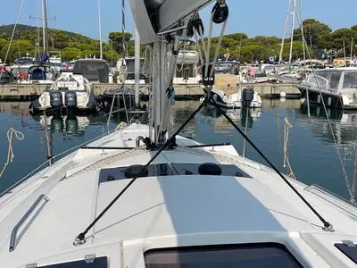 Deck of Monsoon, a Hanse 348 sailboat at Ajaccio, France
