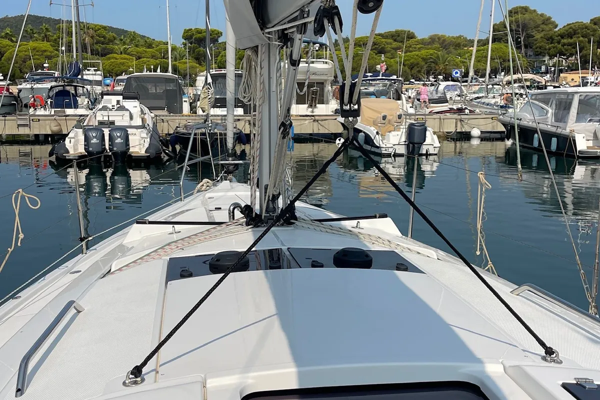 Deck of Monsoon, a Hanse 348 sailboat at Ajaccio, France