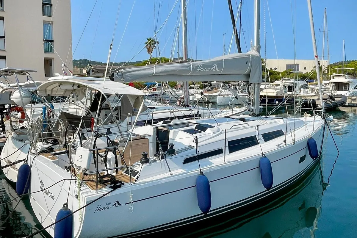 Exterior view of Monsoon, a Hanse 348 sailboat at Ajaccio, France