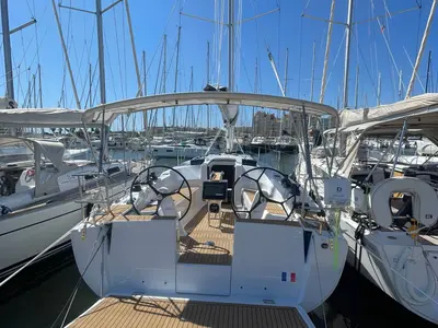 Cockpit of Monsoon, a Hanse 348 sailboat at Ajaccio, France