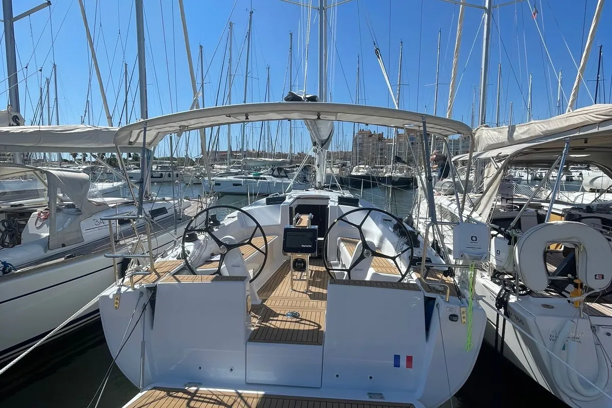 Cockpit of Monsoon, a Hanse 348 sailboat at Ajaccio, France