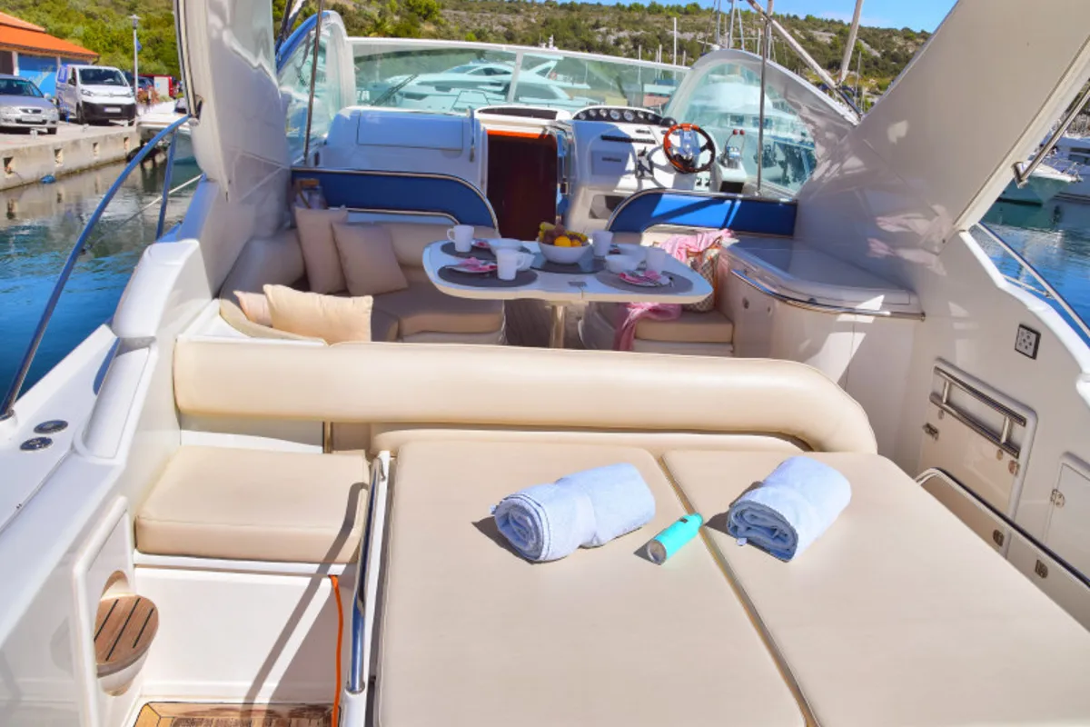 Deck of H.I.T., a Fairline Boats Fairlane Targa 48 motorboat at Primošten, Croatia