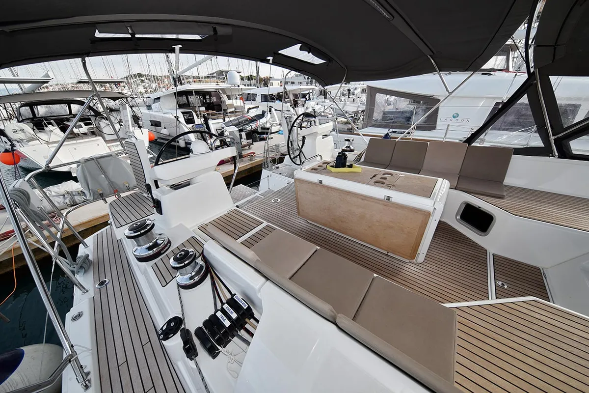 Deck of Mary-Lu, a Jeanneau 54 sailboat at Grad Trogir, Croatia