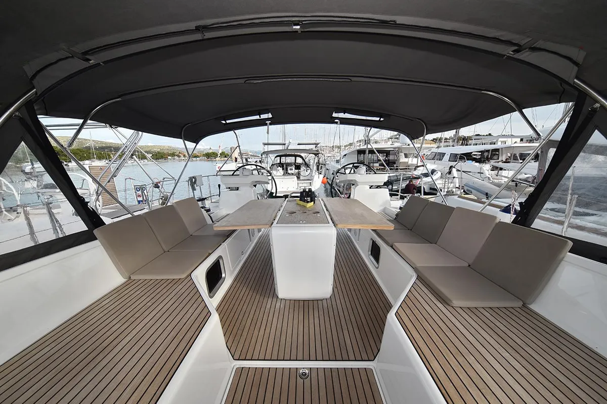 Deck of Mary-Lu, a Jeanneau 54 sailboat at Grad Trogir, Croatia