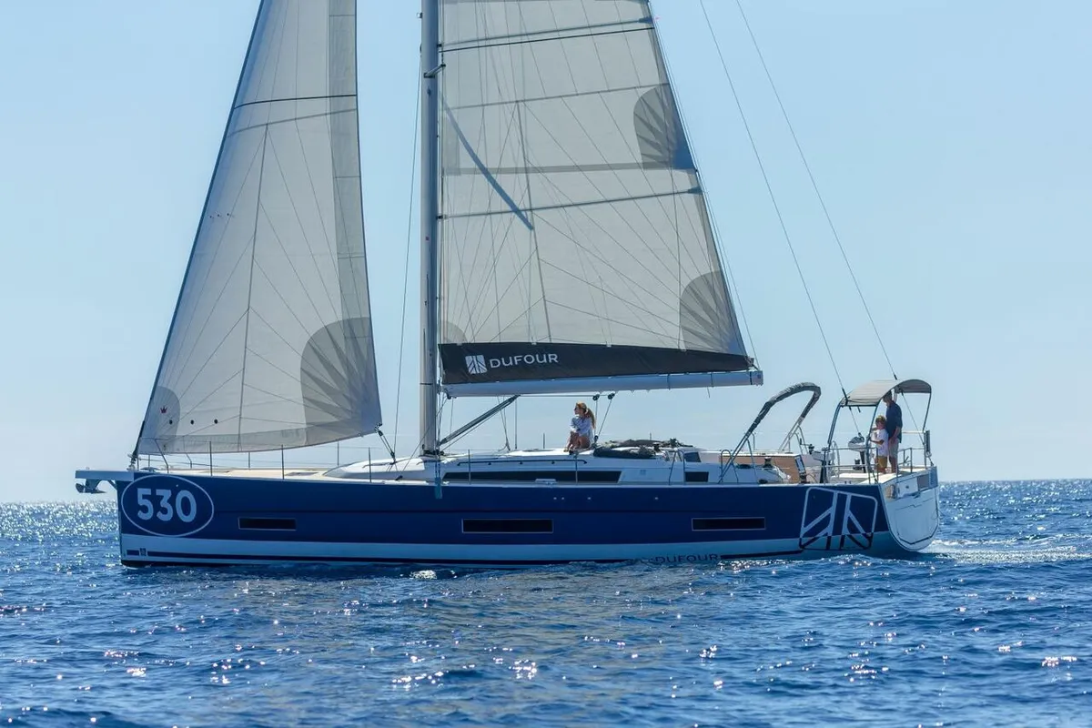 Exterior view of Pura Vida, a Dufour 530 sailboat at Road Town, British Virgin Islands