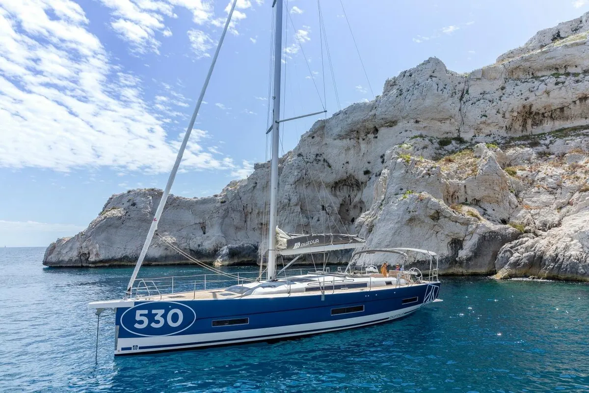 Exterior view of Pura Vida, a Dufour 530 sailboat at Road Town, British Virgin Islands