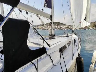 Cockpit of Xristina, a Hanse 458 sailboat at Athens, Greece