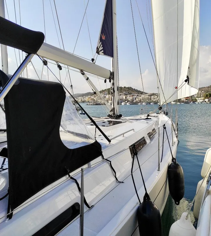 Cockpit of Xristina, a Hanse 458 sailboat at Athens, Greece