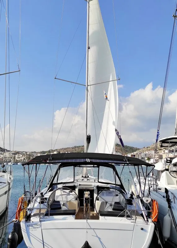 Exterior view of Xristina, a Hanse 458 sailboat at Athens, Greece