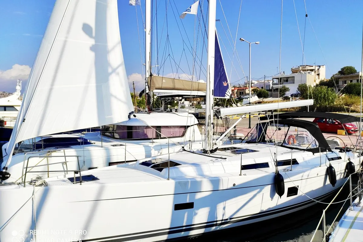 Exterior view of Xristina, a Hanse 458 sailboat at Athens, Greece