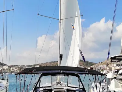 Deck of Xristina, a Hanse 458 sailboat at Athens, Greece