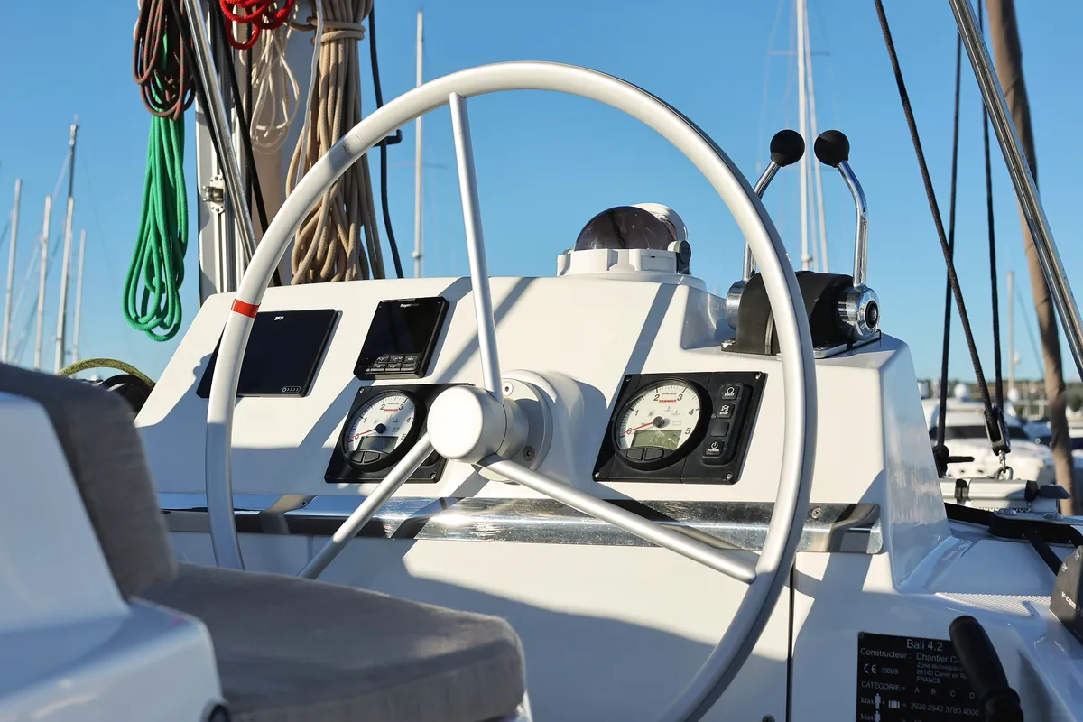 Cockpit of Hubble, a Bali 4.2 catamaran at Grad Biograd na Moru, Croatia