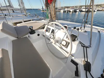 Cockpit of Hubble, a Bali 4.2 catamaran at Grad Biograd na Moru, Croatia