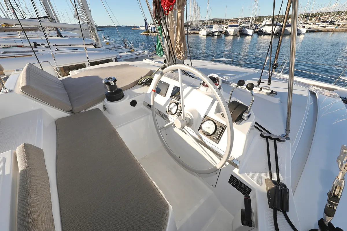Cockpit of Hubble, a Bali 4.2 catamaran at Grad Biograd na Moru, Croatia
