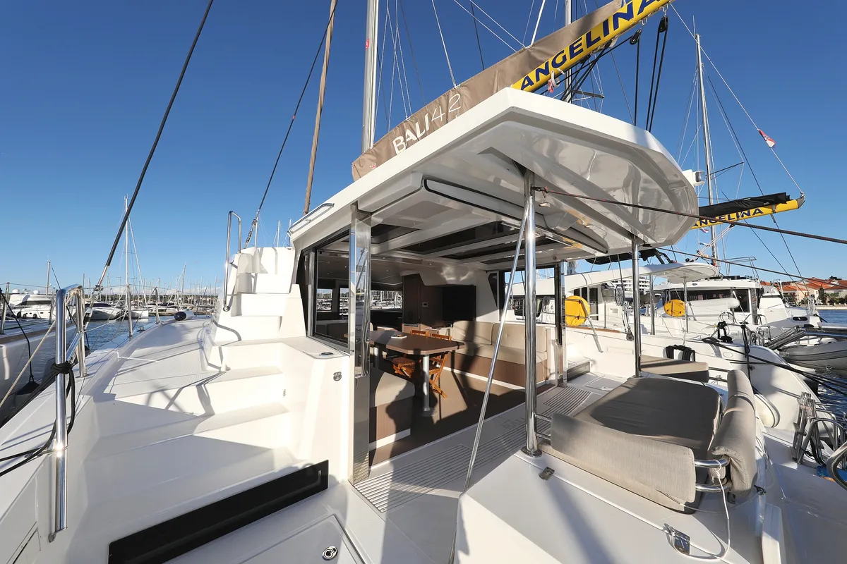 Deck of Hubble, a Bali 4.2 catamaran at Grad Biograd na Moru, Croatia