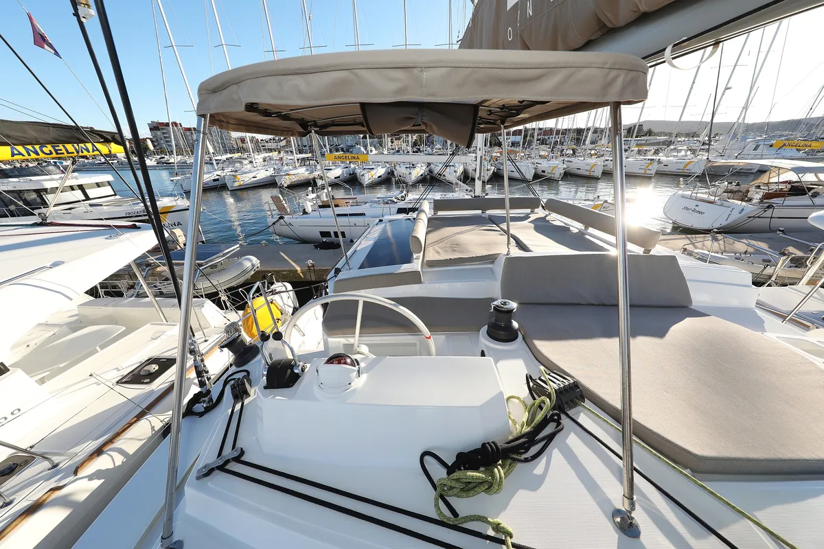 Cockpit of Hubble, a Bali 4.2 catamaran at Grad Biograd na Moru, Croatia